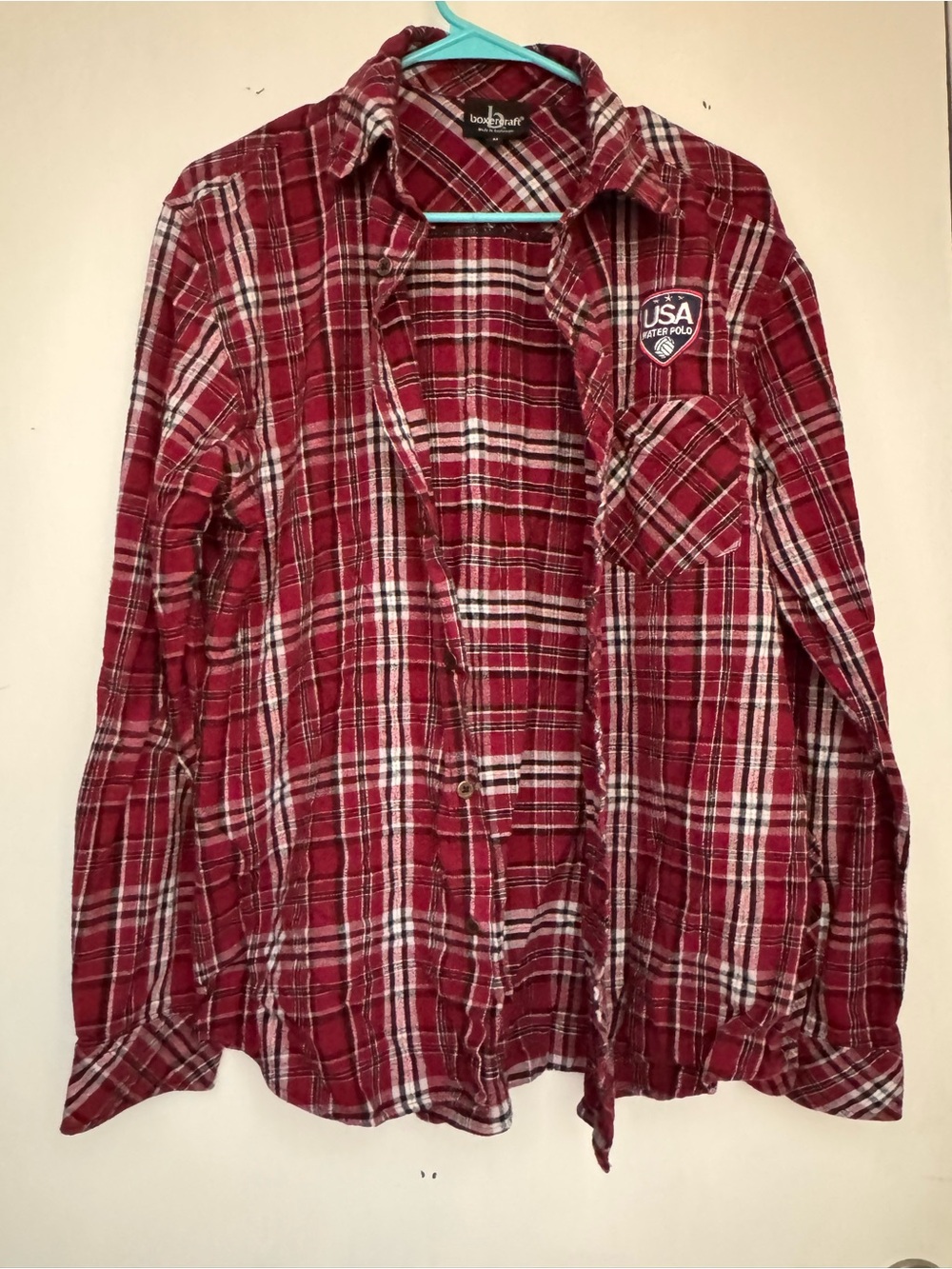 Red Plaid Button-Up Flannel with USA Water Polo Patch